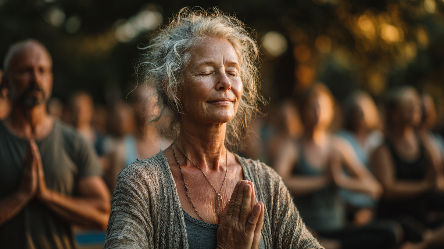Grupo de personas mayores practicando yoga en un ambiente sereno